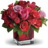 Red and pink rose arrangement in square vase from Gurnee florist