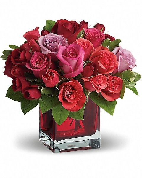 Red and pink rose arrangement in square vase from Gurnee florist