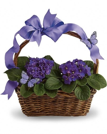 Beautiful basket arrangement with purple hydrangeas from florist in Grayslake IL