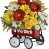 "It’s a Girl" floral arrangement with teddy bear, available for flower delivery Waukegan IL