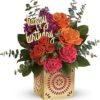 Mixed roses and carnations in a "Happy Birthday" vase, available for delivery Waukegan IL