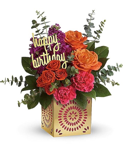 Mixed roses and carnations in a "Happy Birthday" vase, available for delivery Waukegan IL