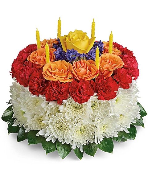 Rose birthday floral cake arrangement available for flower delivery Waukegan IL