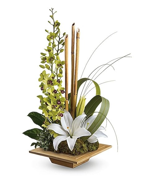 Calla lily and orchid arrangement in a decorative pot from Gurnee florist