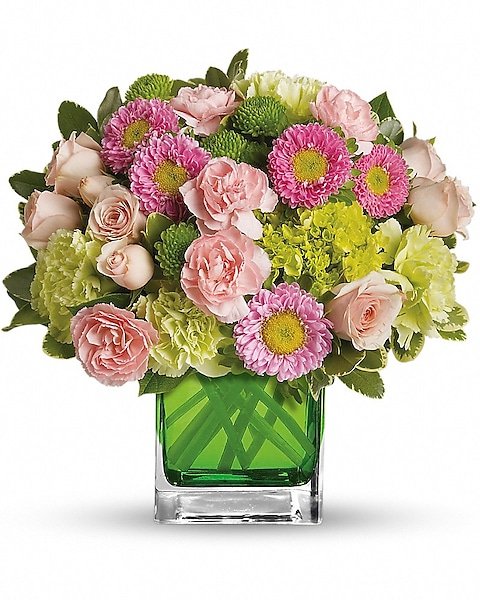 Pink roses and greenery bouquet in green vase, perfect for flower delivery Vernon Hills IL