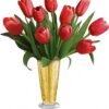 Red tulip flower bouquet in gold glass vase