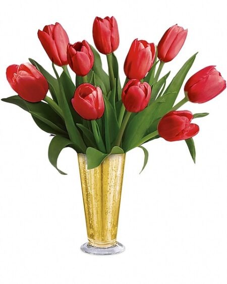 Red tulip flower bouquet in gold glass vase
