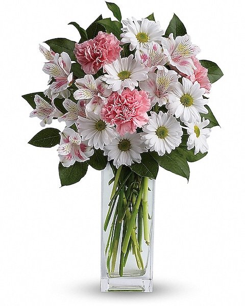 Elegant vase arrangement with white lilies and pink roses from florist in Grayslake IL