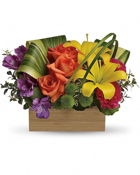 Bright mixed floral arrangement in wooden box for flower delivery Vernon Hills IL