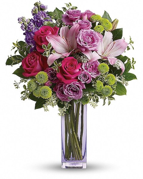 Pink lilies and mixed roses floral arrangement from florist in Grayslake IL