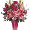 Elegant red rose and white lily mix in red vase available for flower delivery Waukegan IL
