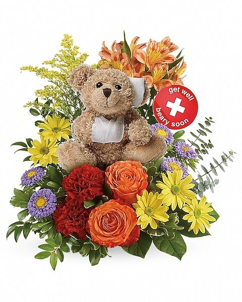 Cute teddy bear with mixed floral arrangement for delivery in Grayslake IL