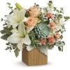 White lilies and peach roses floral arrangement from florist in Grayslake IL