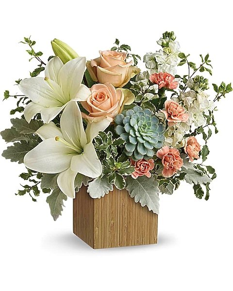 White lilies and peach roses floral arrangement from florist in Grayslake IL