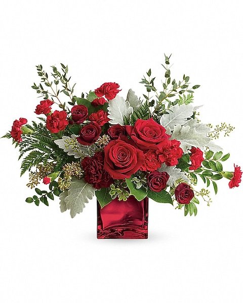 Red rose floral arrangement in square vase for flower delivery Waukegan IL