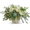 White flowers and greenery arrangement in metal pot from florist in Vernon Hills IL