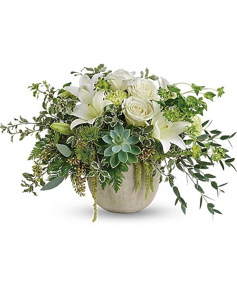 White flowers and greenery arrangement in metal pot from florist in Vernon Hills IL