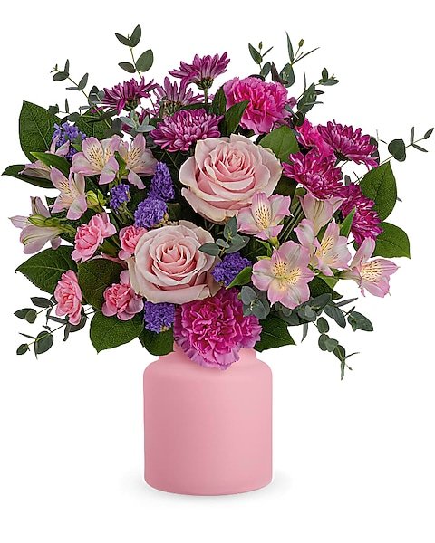 : Pink and lavender rose garden-style floral arrangement from Gurnee flower shop
