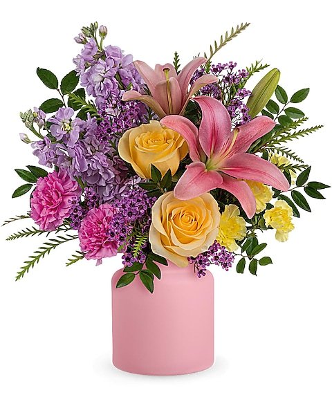Peach roses and pink lilies floral arrangement from florist in Waukegan IL