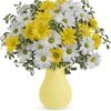 Yellow and white daisy bouquet in yellow vase, available for flower delivery Gurnee IL