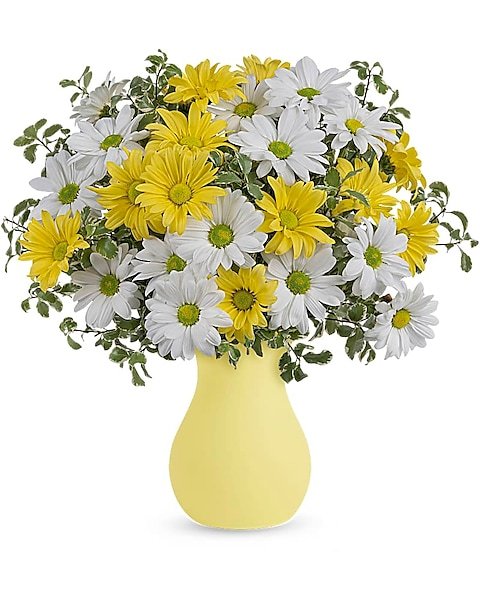 Yellow and white daisy bouquet in yellow vase, available for flower delivery Gurnee IL
