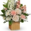 Pink lilies and roses floral arrangement in a blue vase for flower delivery Grayslake IL