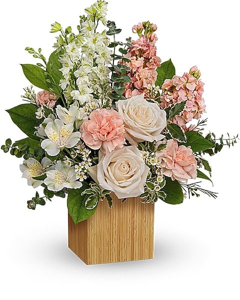 Pink lilies and roses floral arrangement in a blue vase for flower delivery Grayslake IL