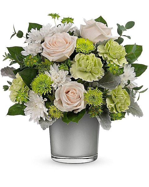 White roses and green hydrangea floral arrangement for flower delivery Waukegan IL