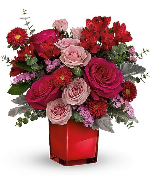 Bright red rose and carnation bouquet from Gurnee flower shop