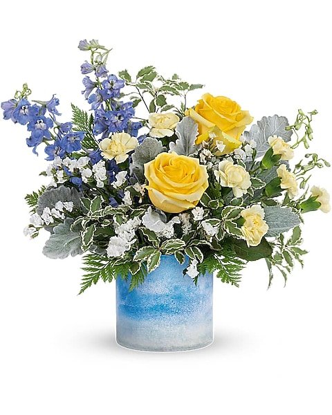 Colorful mixed floral bouquet in yellow vase from Gurnee florist
