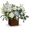 Elegant white and blue hydrangea floral arrangement available for delivery Gurnee