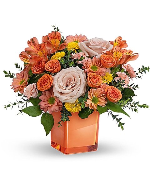 Orange rose and lily bouquet in orange vase from florist in Grayslake IL