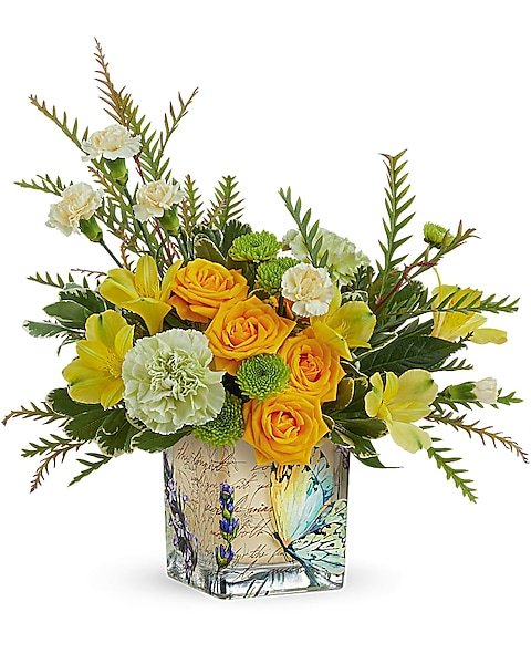 Yellow rose and green mixed flower arrangement in vase