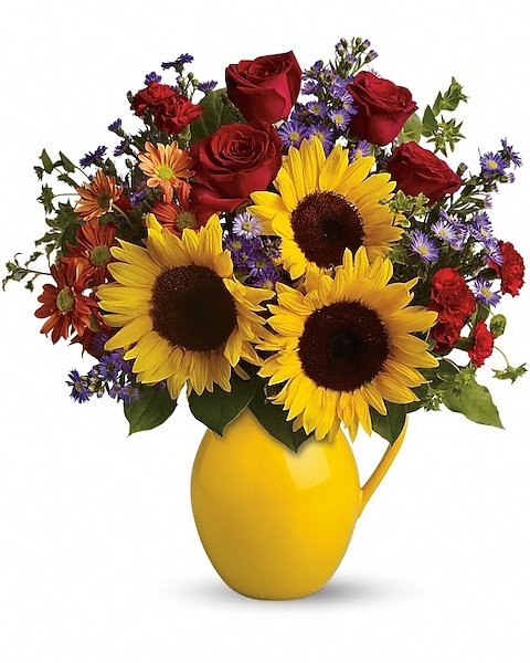 Sunflowers with mixed flowers in yellow vase for flower delivery Waukegan IL