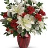 Elegant red rose and white lily mix in red vase available for flower delivery Waukegan IL