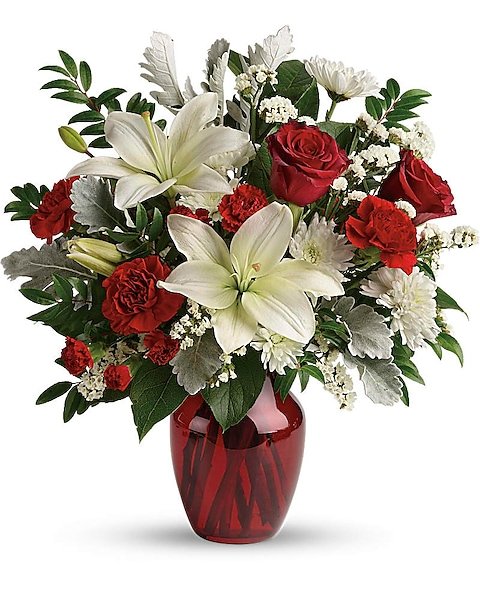 Elegant red rose and white lily mix in red vase available for flower delivery Waukegan IL