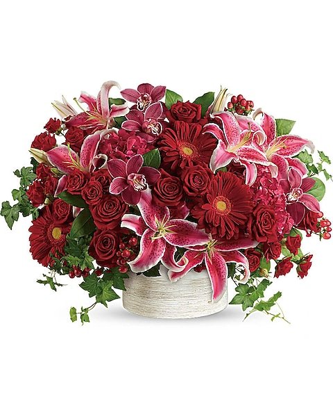 Red roses and carnations garden-style floral arrangement for flower delivery Grayslake IL