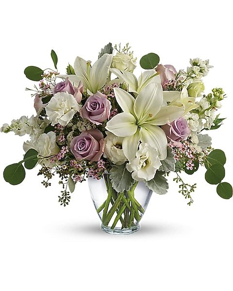 White lilies and lavender roses floral arrangement from Gurnee flower shop