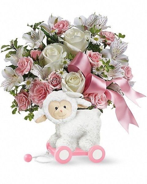 Pink and white roses arrangement with ribbon, perfect for flower delivery Grayslake