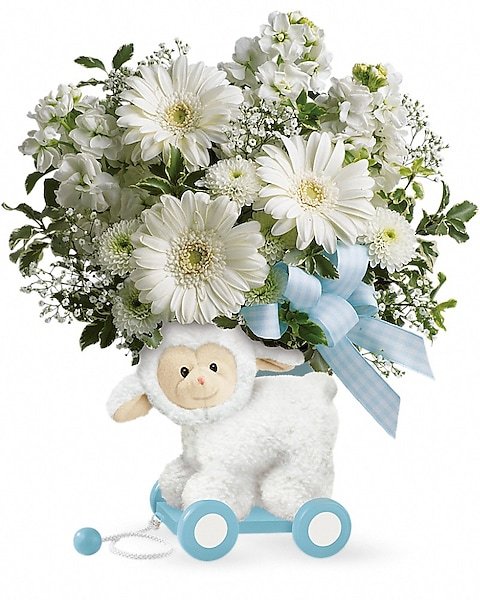 Elegant white rose and baby’s breath bouquet with teddy bear, available for flower delivery Grayslake