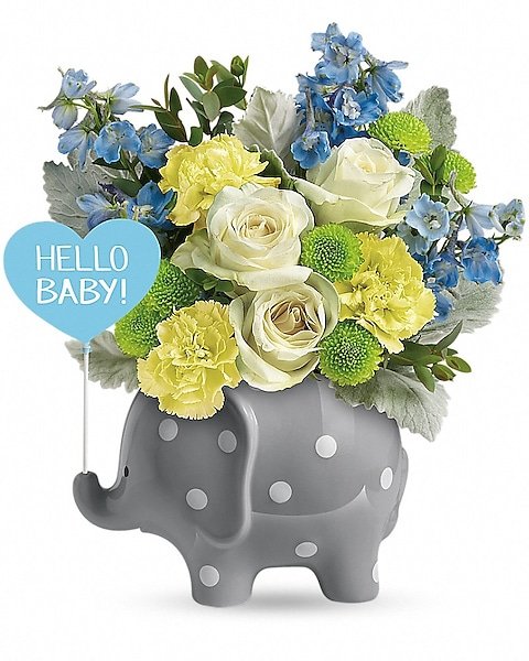 Hello Baby” floral arrangement in elephant vase from Gurnee flower shop