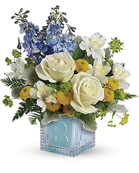White roses and baby’s breath bouquet with ribbon available for flower delivery Vernon Hills IL