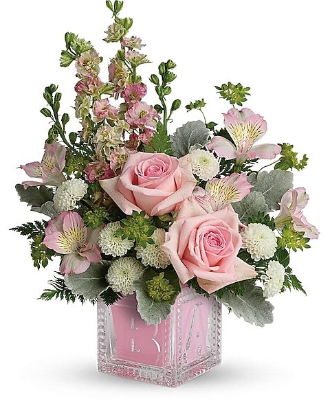 Mixed pink floral bouquet in basket for flower delivery Gurnee