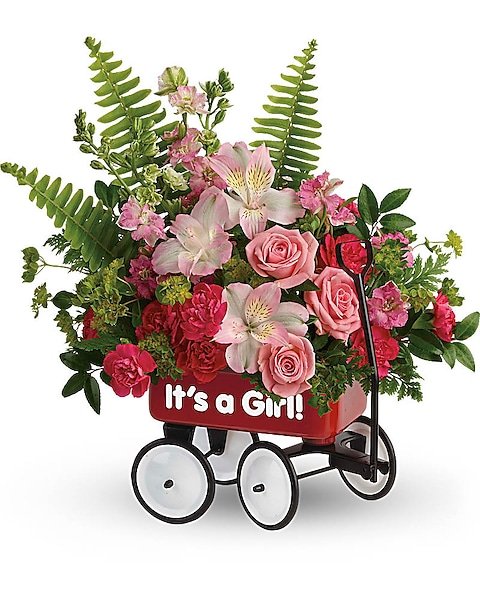 "It’s a Girl" floral arrangement in red wagon available for flower delivery Waukegan IL