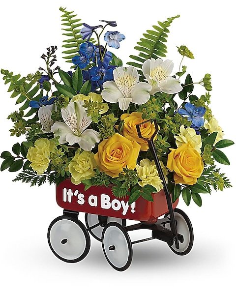 "It’s a Boy" floral arrangement in wagon, perfect for flower delivery Grayslake IL
