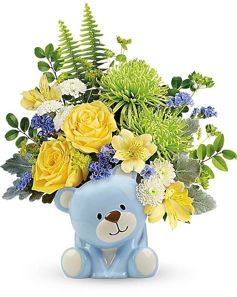 Blue teddy bear with yellow roses, available for delivery in Waukegan IL