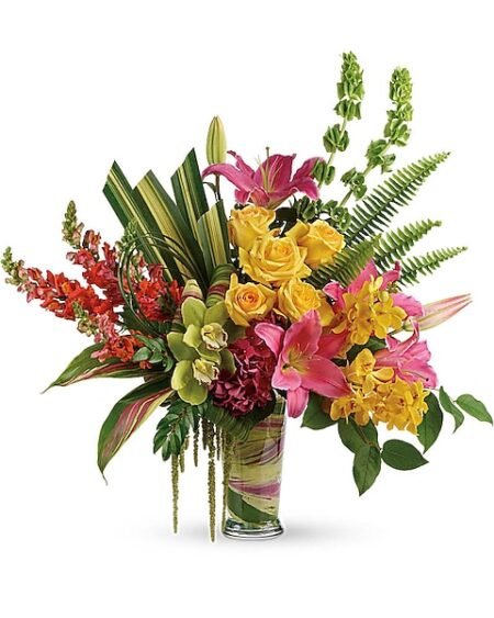 Tropical yellow and orange floral arrangement from florist in Grayslake IL