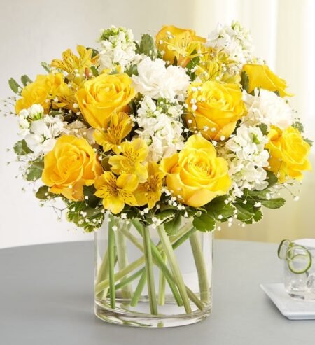Elegant floral arrangement of yellow and white roses by florist in Gurnee IL