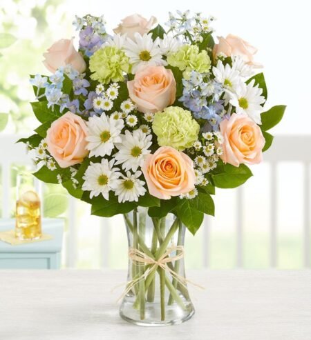 Peach roses and white daisy arrangement for flower delivery Grayslake