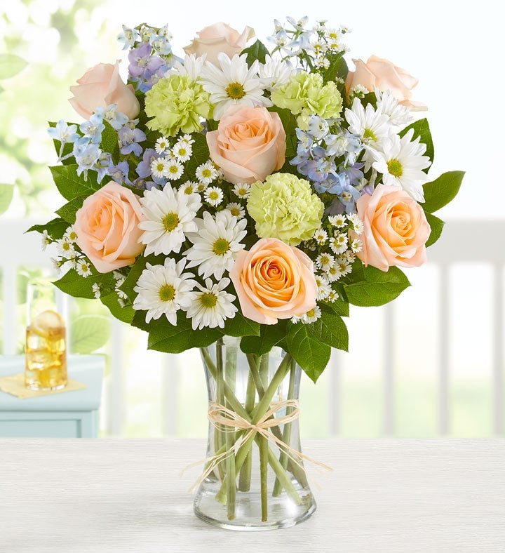 Peach roses and white daisy arrangement for flower delivery Grayslake